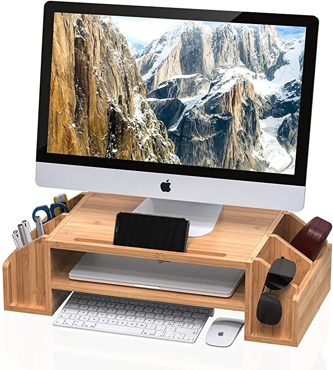 Wood monitor riser and desk organizer
